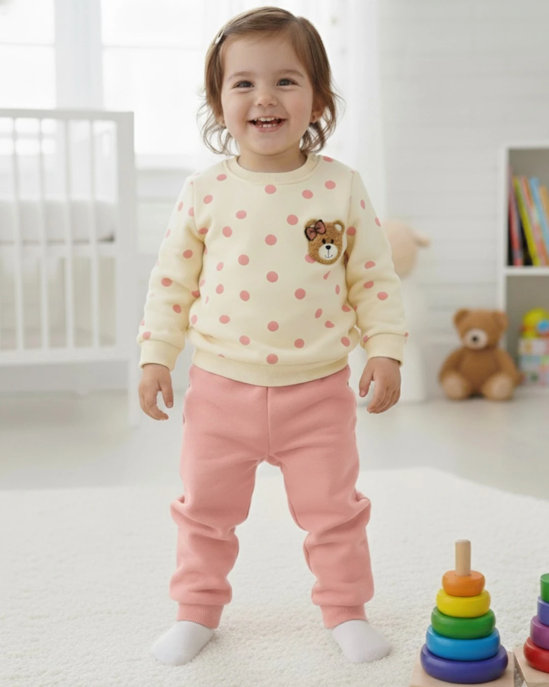 Kız Bebek Dar Kalıp Puantiyeli Kışlık 3 İp Şardonlu Ayıcık Nakışlı Şirin Alt Üst Takım R2337 - SOMON