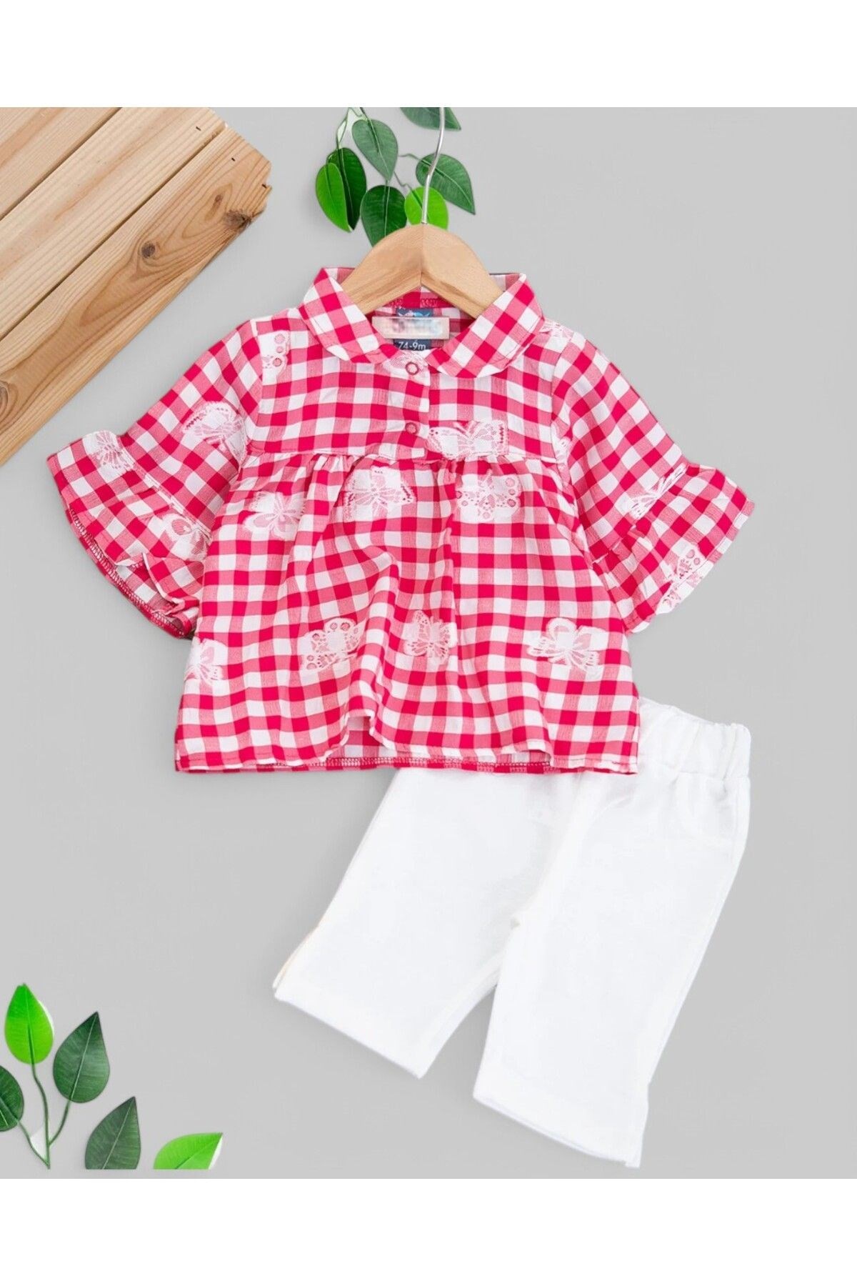 KIZ BEBEK YAZLIK KARELİ BLUZLU KELEBEK NAKIŞLI MÜSLİN TAYTLI 6-9-12-18-24 AY ŞIK BAYRAMLIK TAKIM R1683 - FUŞYA