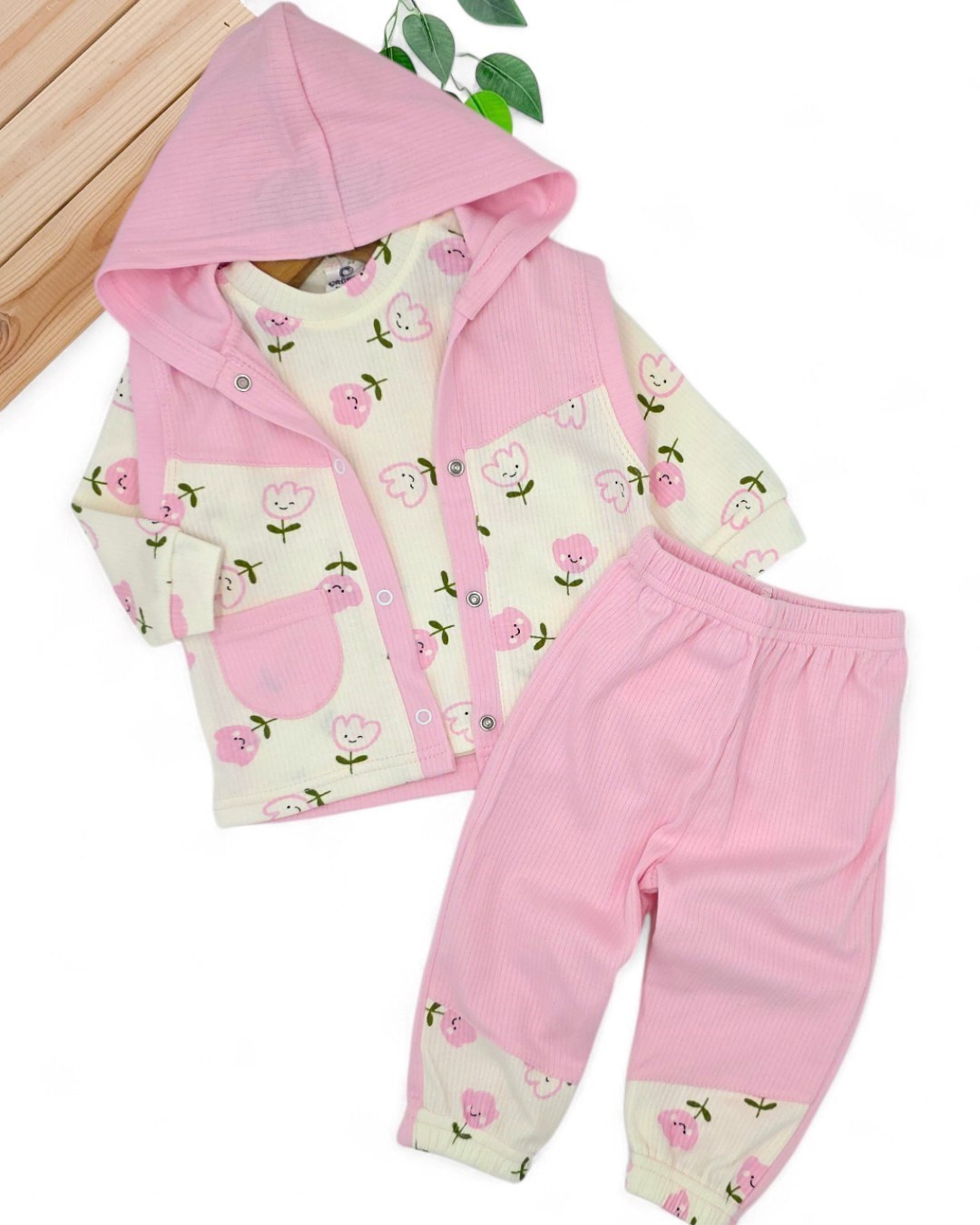 Kız Bebek Fitilli LaLe Baskılı Yelekli 3 Parça Şirin 6-12 Ay Bebek Takımı R2175 - PEMBE