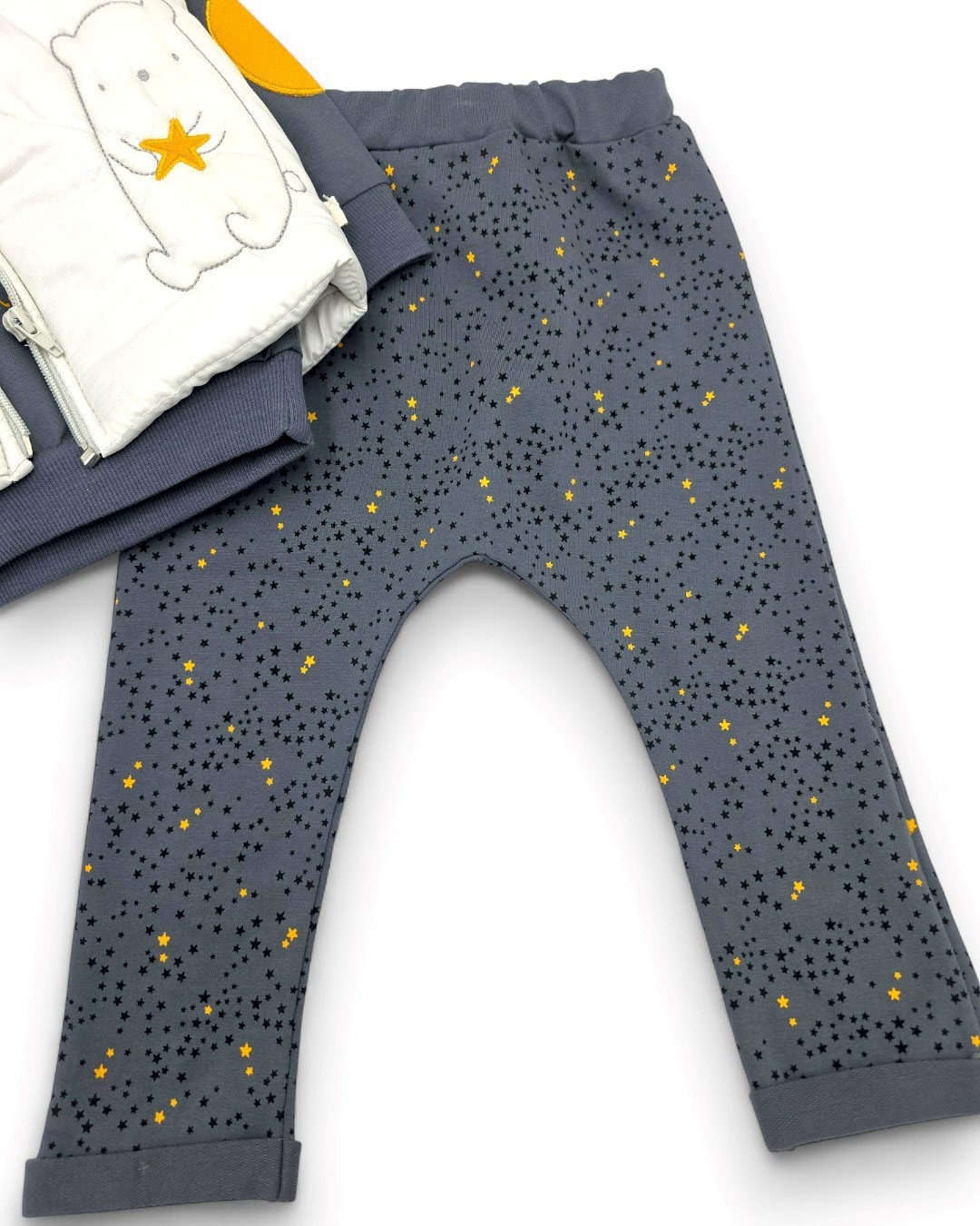 Erkek Bebek Mevsimlik Şişme Yelekli Hilal Nakışlı, 3 Parça 6-9-12-18 Ay Alt Üst Takım R2313