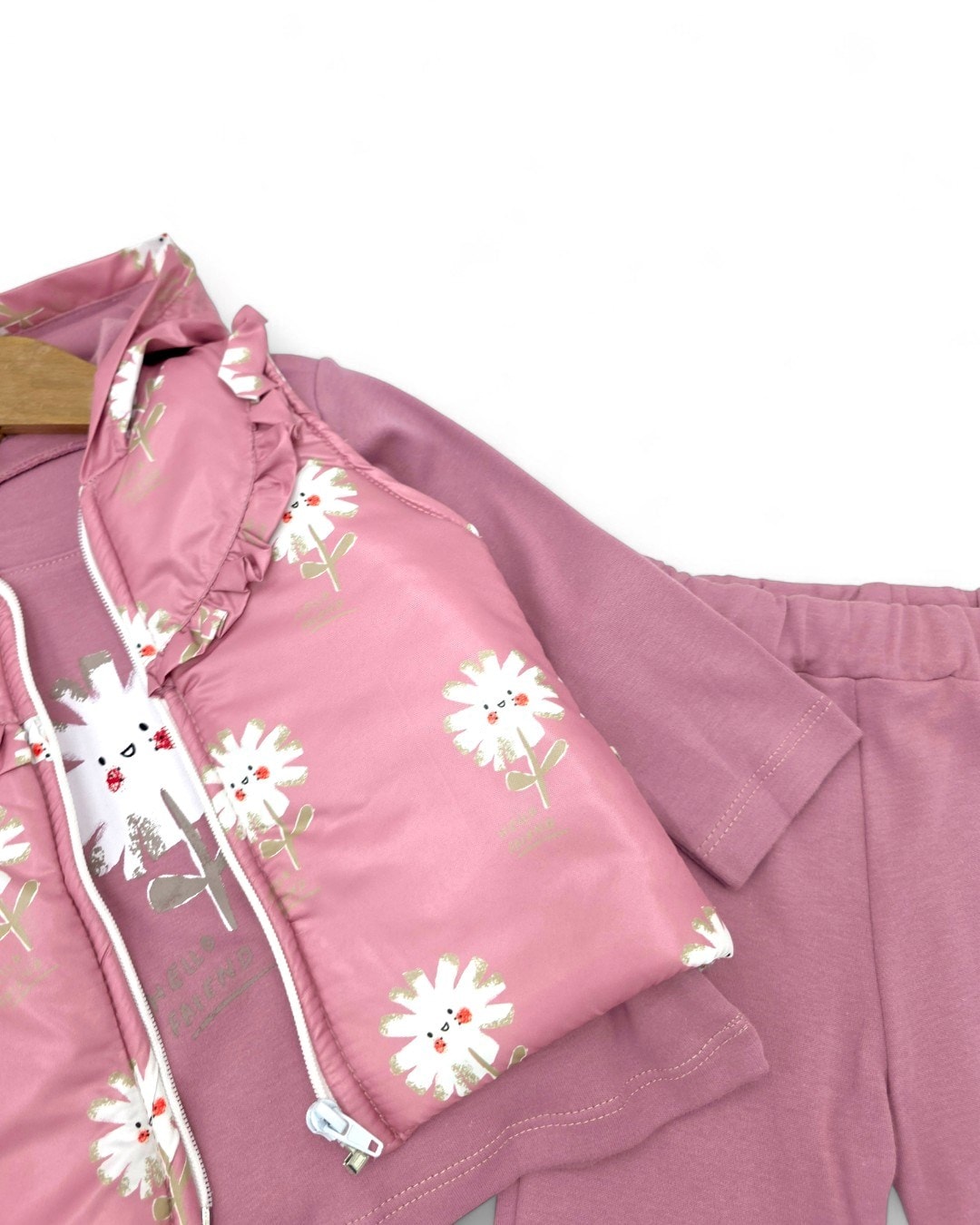 Kız Bebek Mevsimlik Şişme Yelekli, 3 Parça Alt Üst Takım , 6-9-12-18 Ay Yelekli Takım R2312