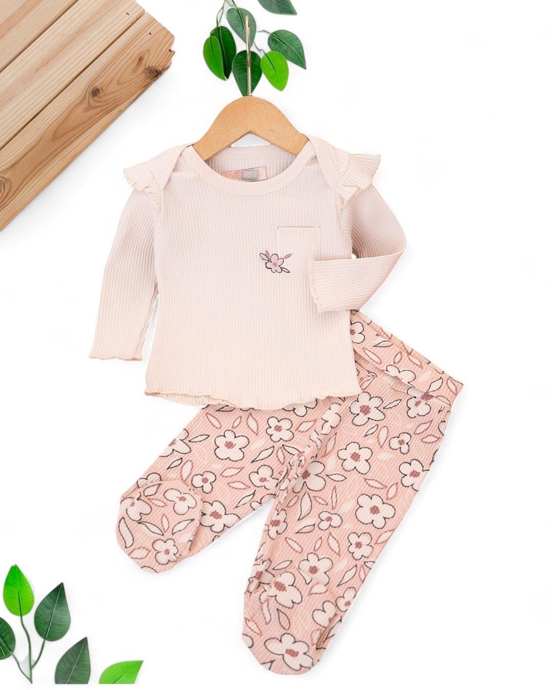 Kız Bebek Papatya Baskılı Fitilli 0-3-6 Ay Kendinden Patikli 2'li Şık Mevsimlik Takım R1889