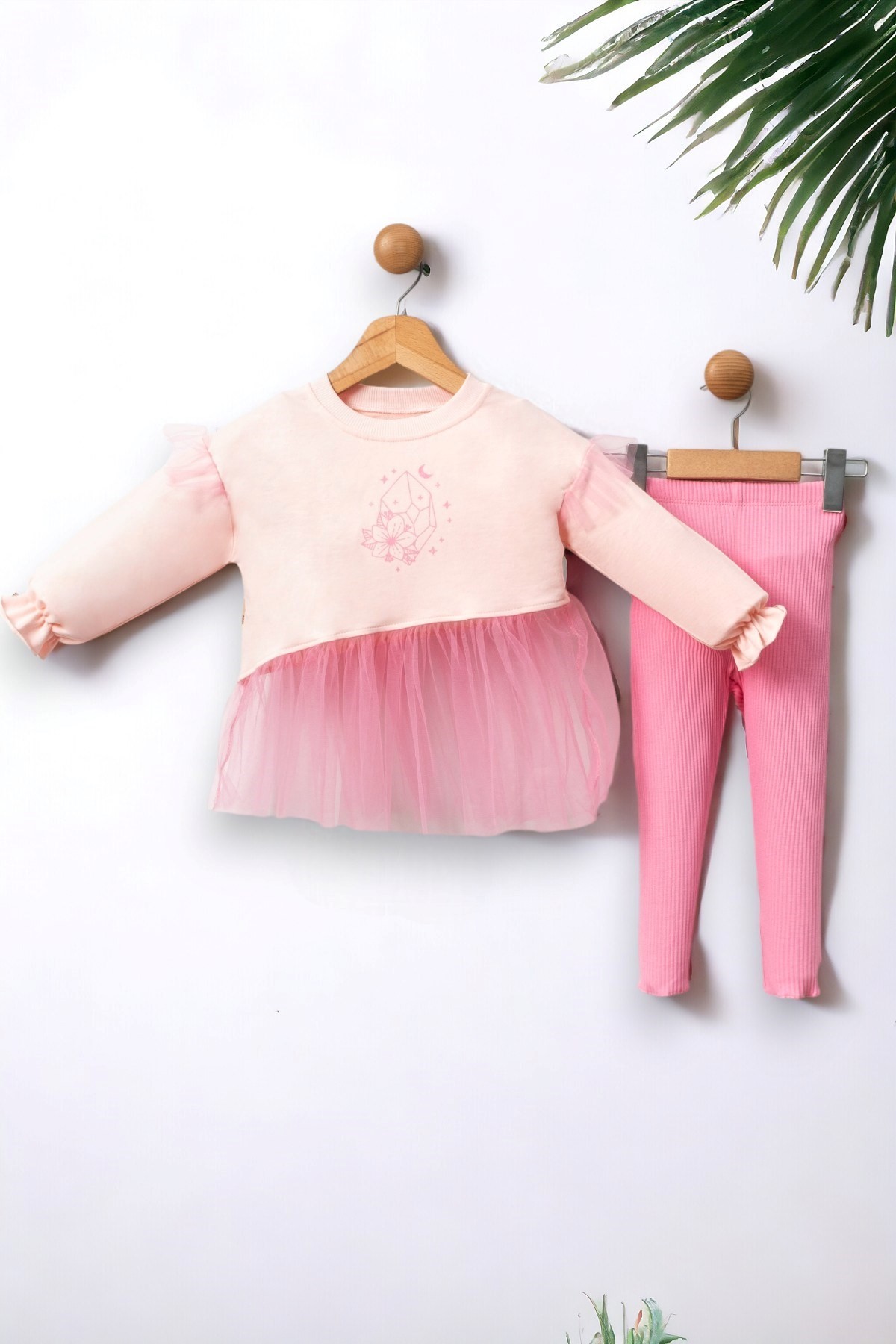KIZ ÇOCUK TÜLLÜ SWEATSHİRT VE TAYTLI 2 İP MEVSİMLİK UZUN KOLLU BAYRAMLIK ALT ÜST TAKIM R687 - PEMBE