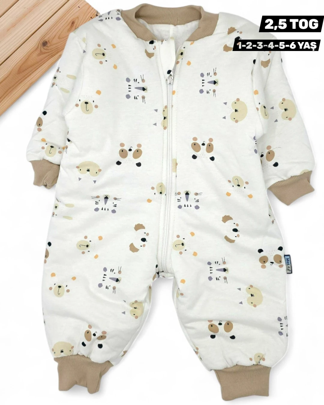 1-6 Yaş Ayıcık Desenli Fermuarlı Çocuk Uyku Tulumu, 2,5 TOG Elyaf Dolgulu R2268