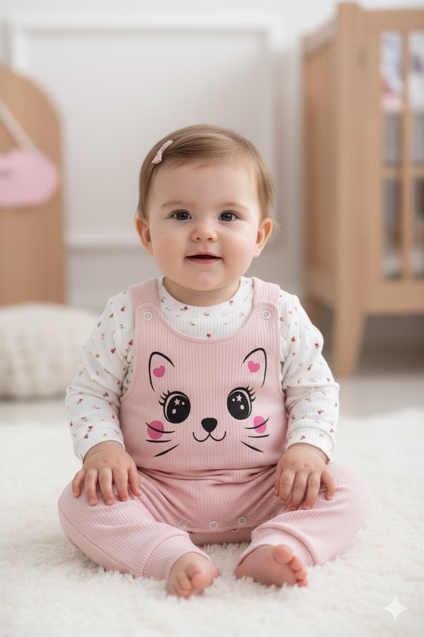 Kız Bebek Fitilli Kedi Baskılı Bahçıvan Salopet Tulum Yenidoğan 3-6-9 Ay Mevsimlik Uzun Kollu Tulum R337 - PEMBE