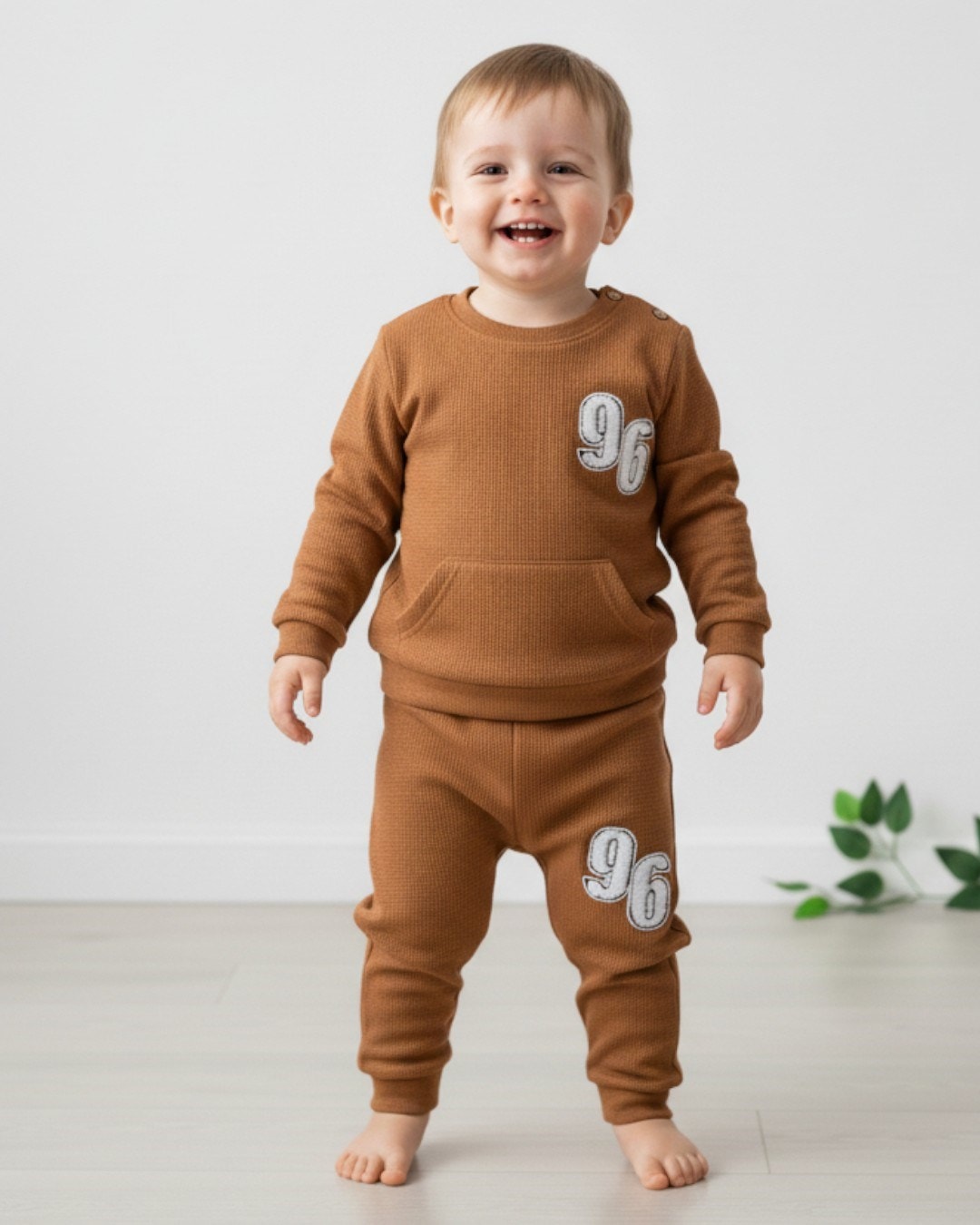 Erkek Bebek 96 Nakışlı Waffle Kumaş Mevsimlik 6-9-12-18-24 Ay Uzun Kollu Günlük Bebek Takımı r2137 - KAHVERENGİ