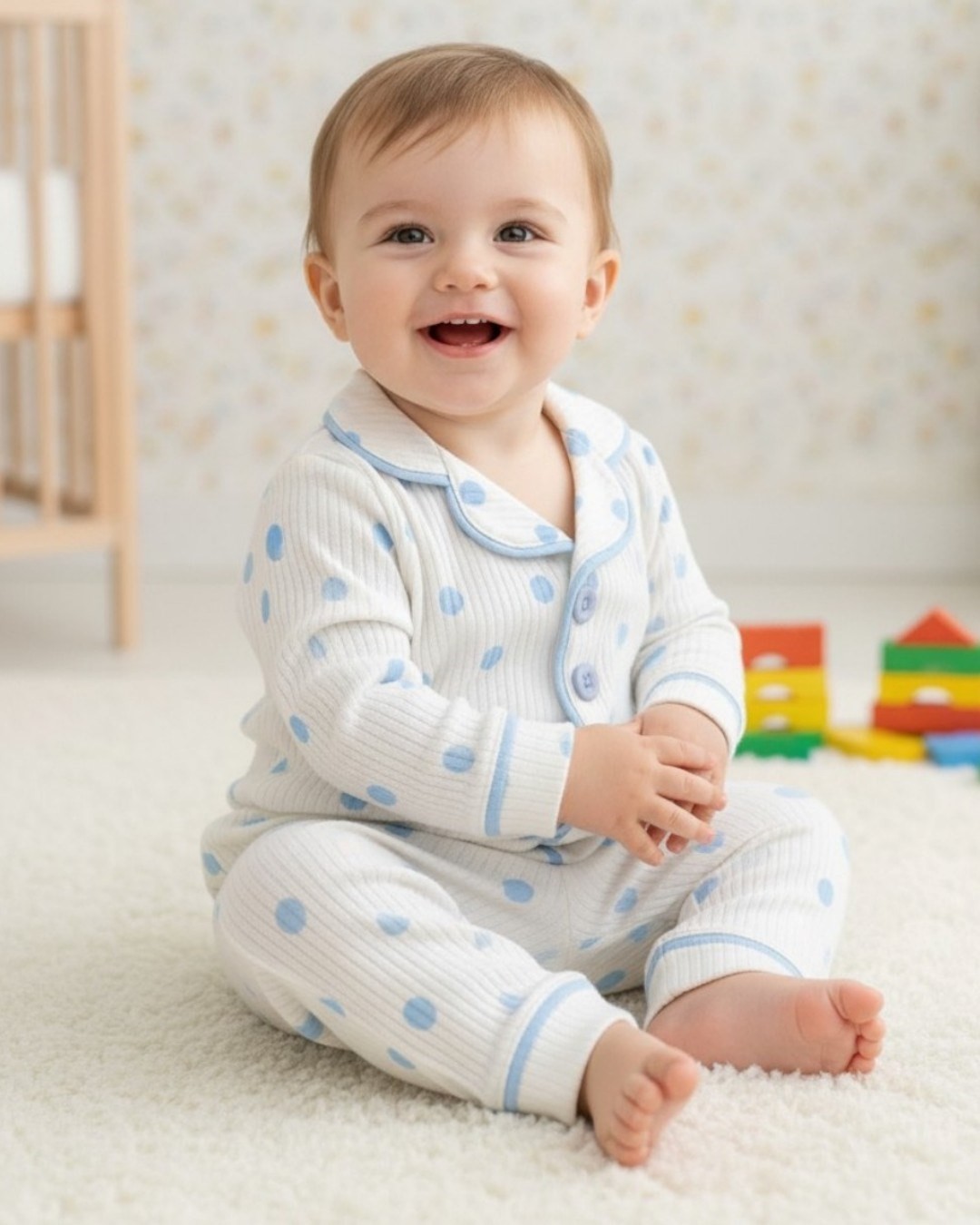 Erkek Bebek Mavi Puantiyeli 3-18 Ay Kruvaze Yakalı Fitilli Şirin Gecelik %100 PAMUK R1025