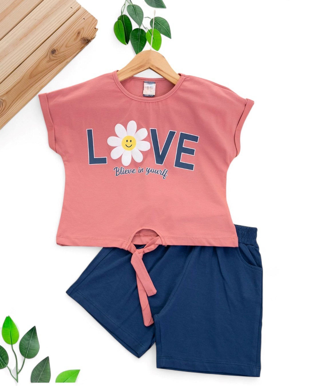 KIZ ÇOCUK YAZLIK LOVE BASKILI 2-3-4-5-6 YAŞ ŞORTLU ALT ÜST TAKIM R1939 - MÜRDÜM