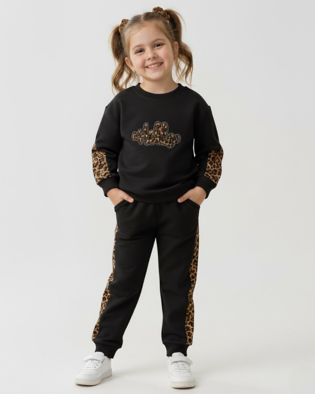Kız Çocuk Boydan  Leopar Ve Dantel Detaylı 2 İplik Mevsimlik Compact Geniş Paçalı Şık Eşofman Takımı  R2192 - SİYAH