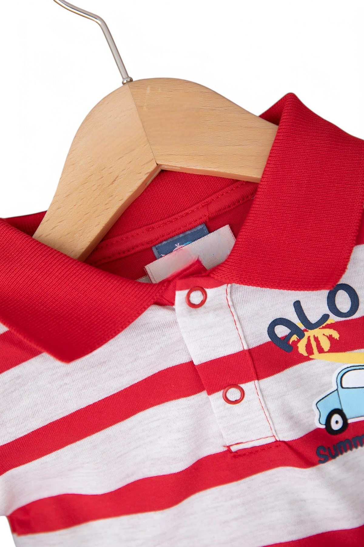 ERKEK BEBEK ALOHA BASKILI ÇİZGİLİ POLO YAKALI 6-9-12-18-24 AY ŞORTLU BEBEK TAKIMI R1694