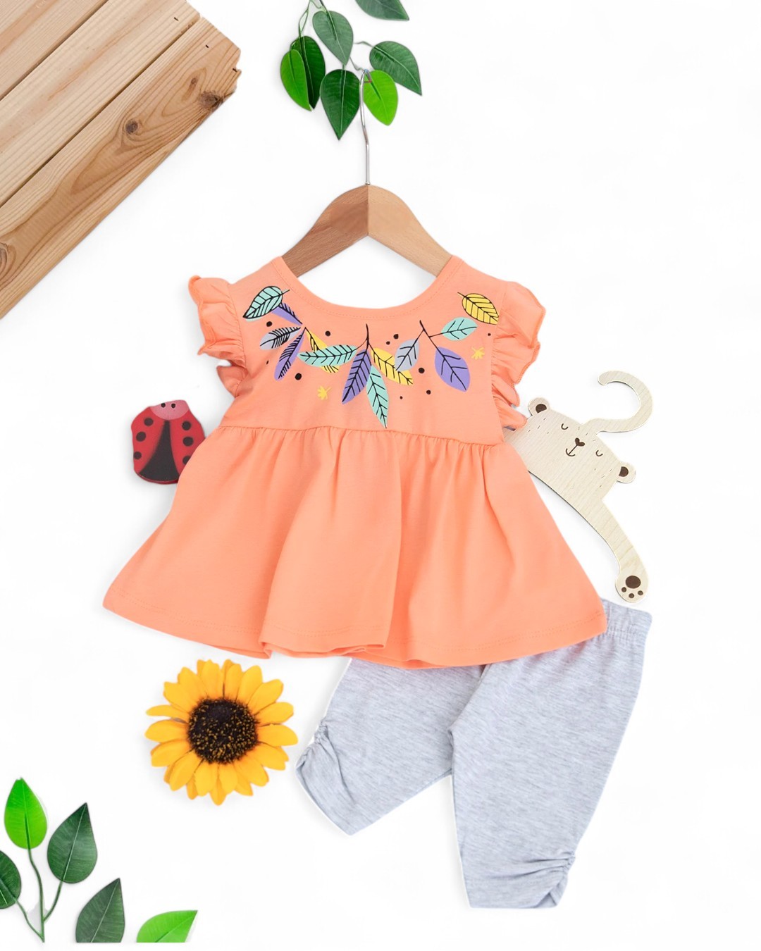 KIZ BEBEK ÇİÇEK BASKILI SIRTI AÇIK YAZLIK 6-9-12-18-24 AY ALT ÜST TAKIM R1847 - SOMON