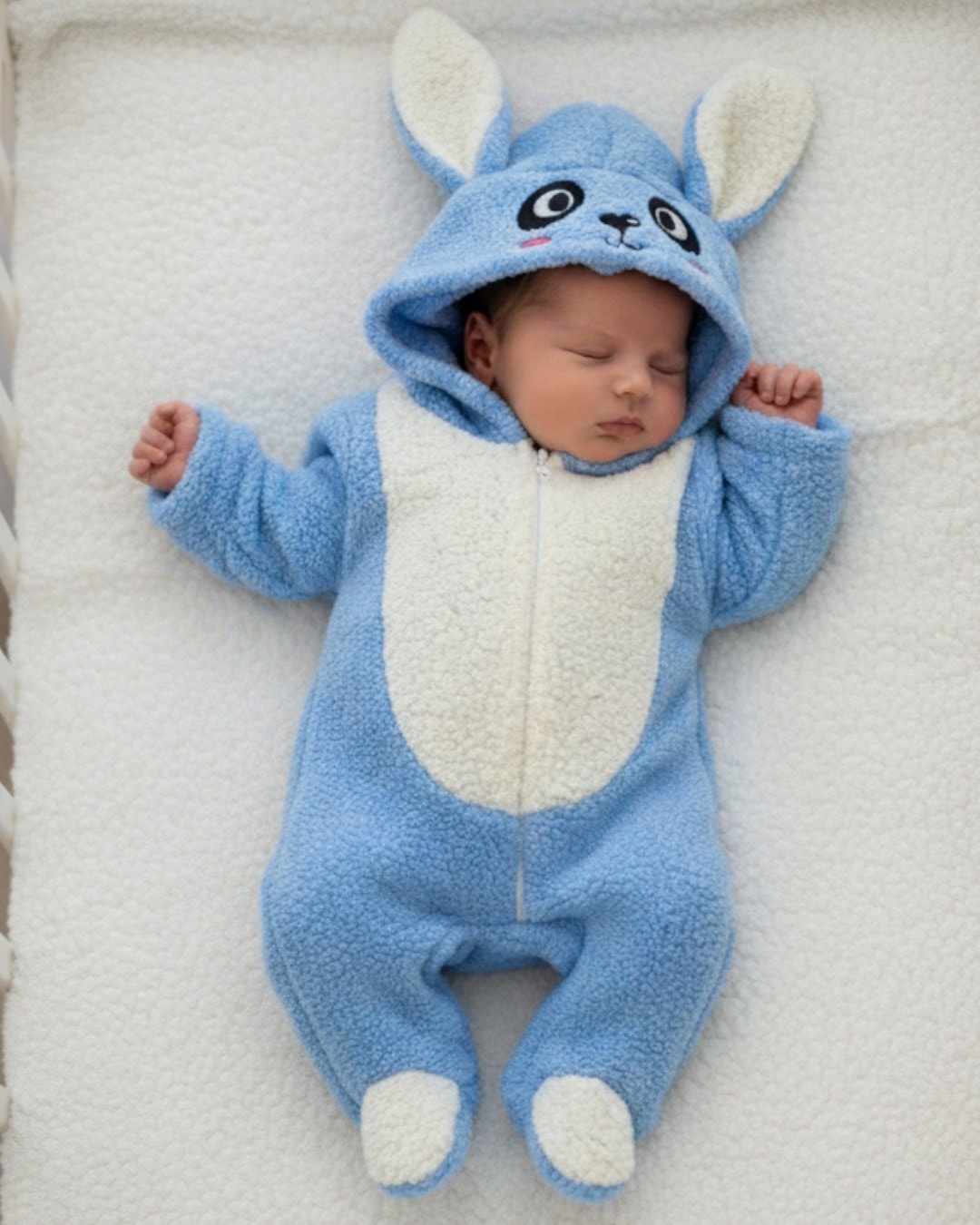 Welsoft Fermuarlı Kulaklı Bebek Tulumu | 0-9 Ay Unisex Sevimli Hayvan Figürlü Kışlık Bebek Tulumu R2214 - MAVİ