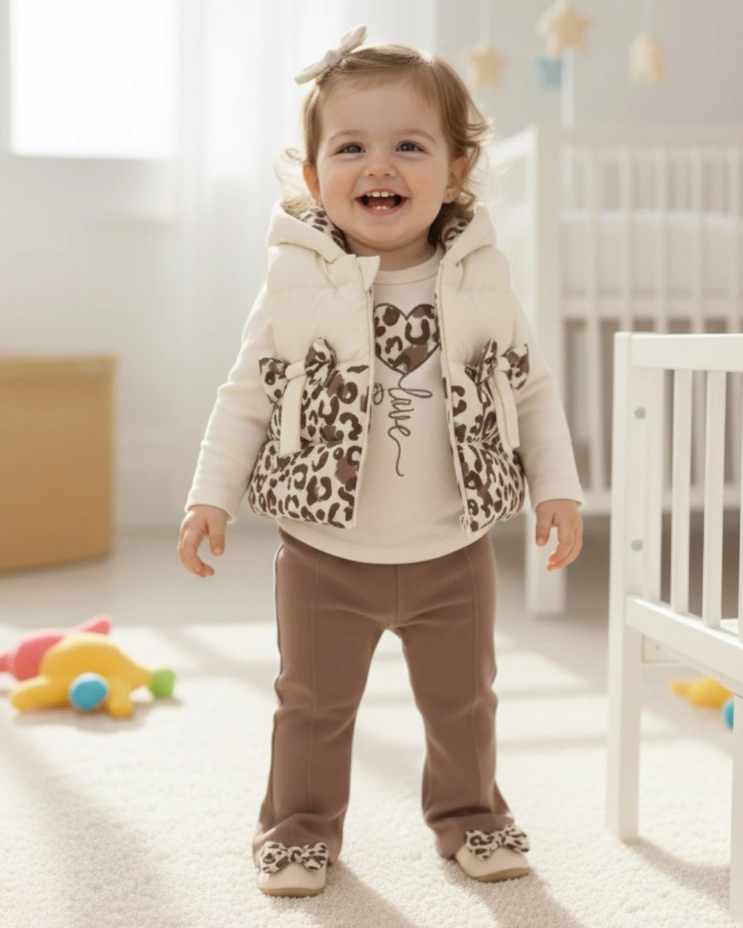 Kız Bebek Leopar Desenli Şişme Yelekli, İspanyol Paça Taytlı Mevsimlik 3'lü Şık Kombin l Takım R2372