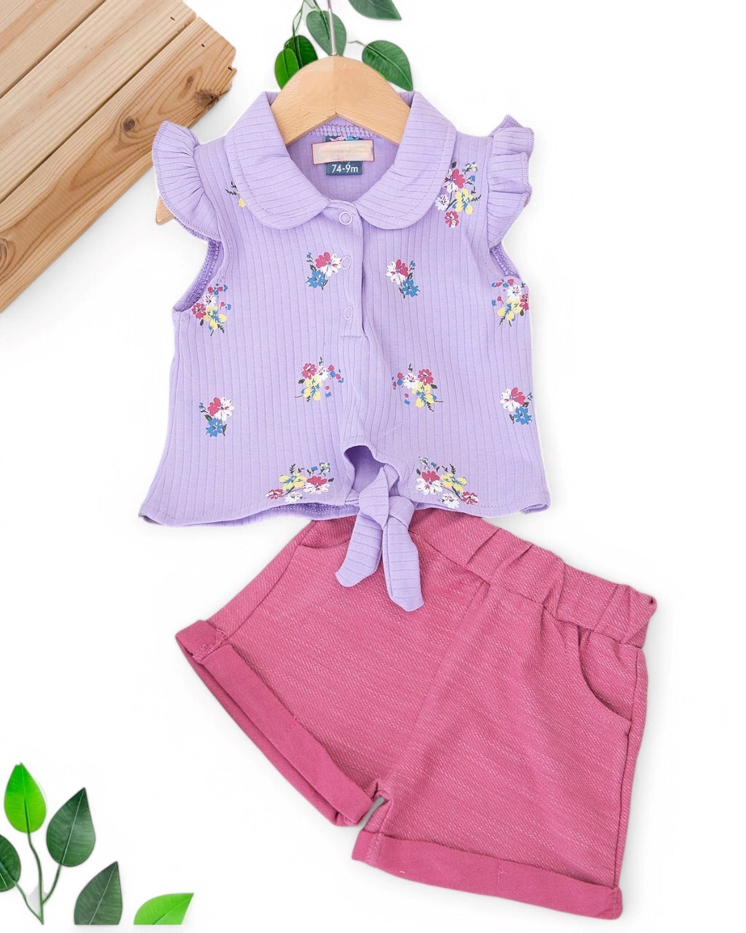 KIZ BEBEK YAZLIK ÇİÇEK BASKILI BLUZLU MÜSLİN ŞORTLU 6-9-12-18-24 AY KIZ BEBEK TAKIMI  R1698 - LİLA