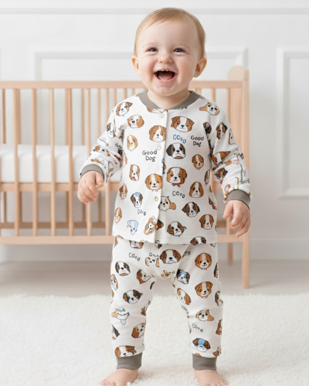 Erkek Bebek Köpek Baskılı Mevsimlik %100 Pamuklu Çıtçıtlı Gecelik Pijama Takımı l 6-24 Ay R2252