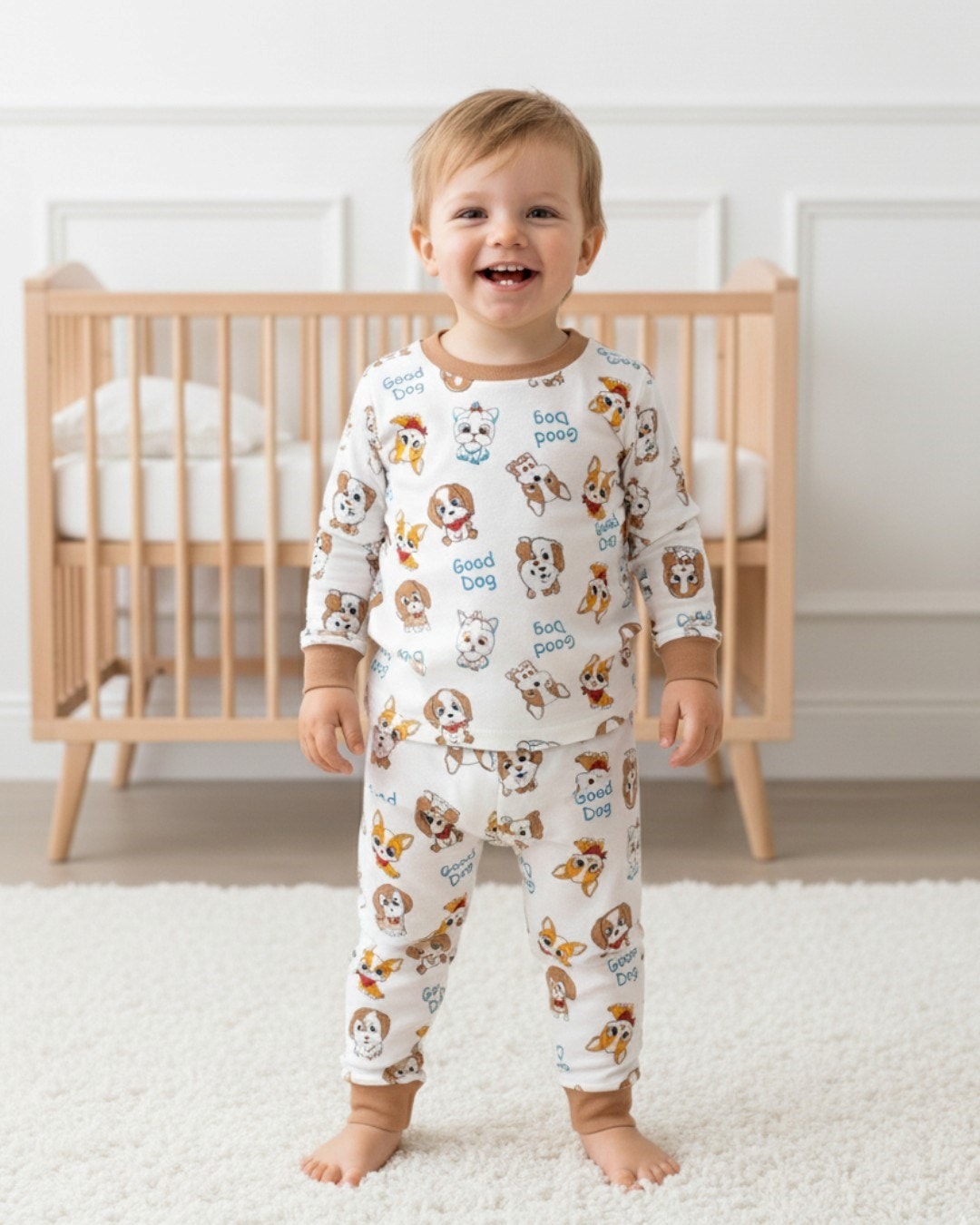 Erkek Bebek Köpekler Baskılı Mevsimlik %100 Pamuklu Bisiklet Yakalı Gecelik Pijama Takımı 6-24 Ay R2253