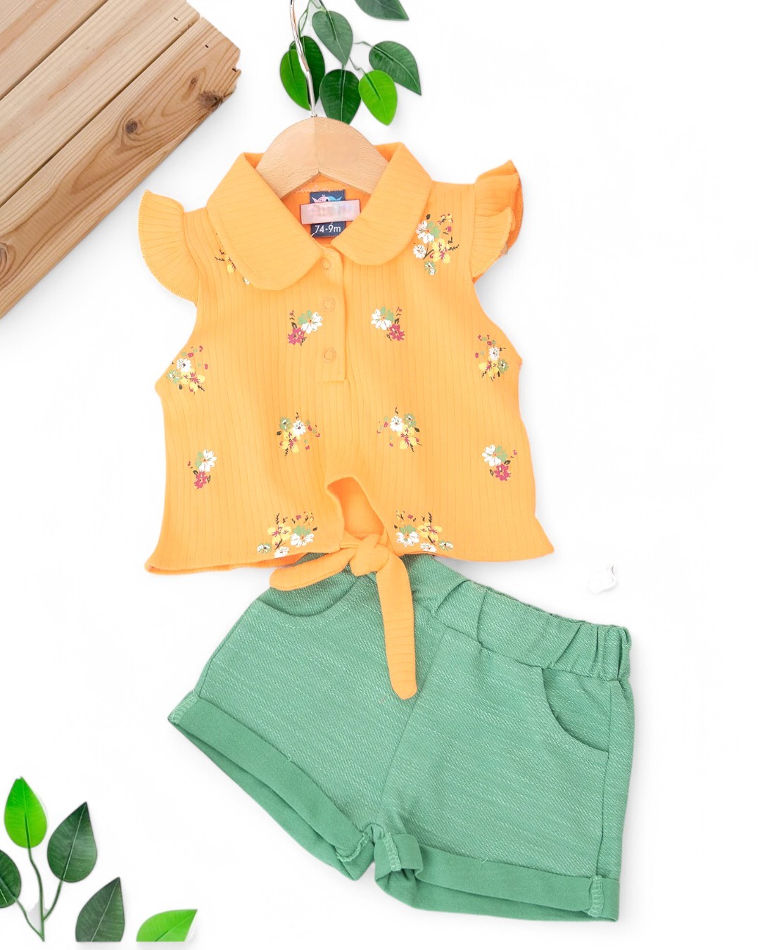 KIZ BEBEK YAZLIK ÇİÇEK BASKILI BLUZLU MÜSLİN ŞORTLU 6-9-12-18-24 AY KIZ BEBEK TAKIMI  R1698 - TURUNCU