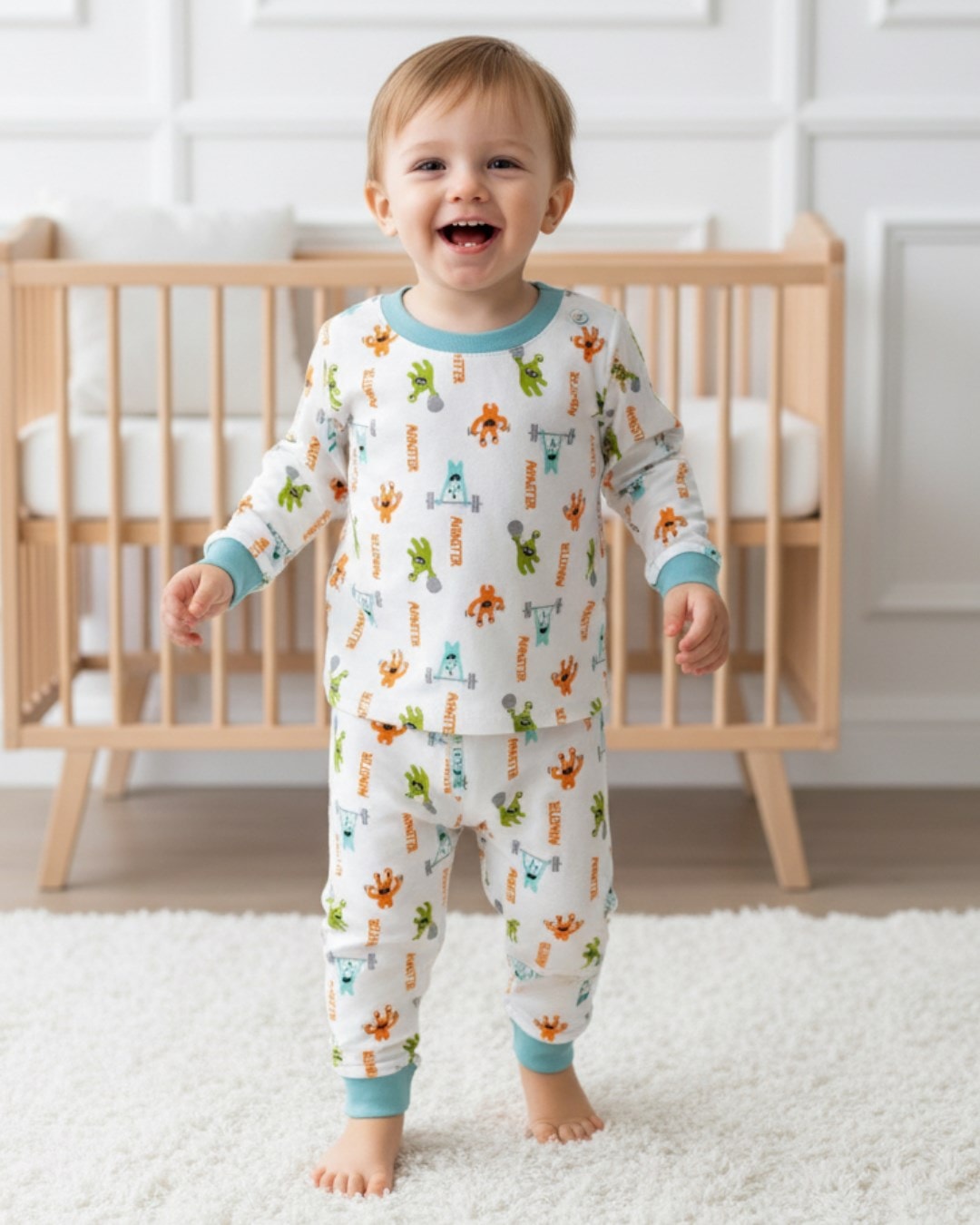 Erkek Bebek Baskılı Mevsimlik %100 Pamuklu Bisiklet Yakalı Gecelik Pijama Takımı 6-24 Ay R2253