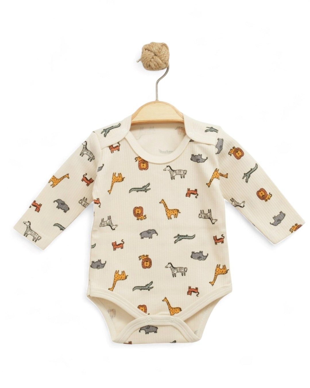 Erkek Bebek Uzun Kollu Hayvanlar Baskıl Fitilli I Bebek Çıtçıtlı Body, Zıbın, Atlet 0-3 Yaş BD15 - BEJ
