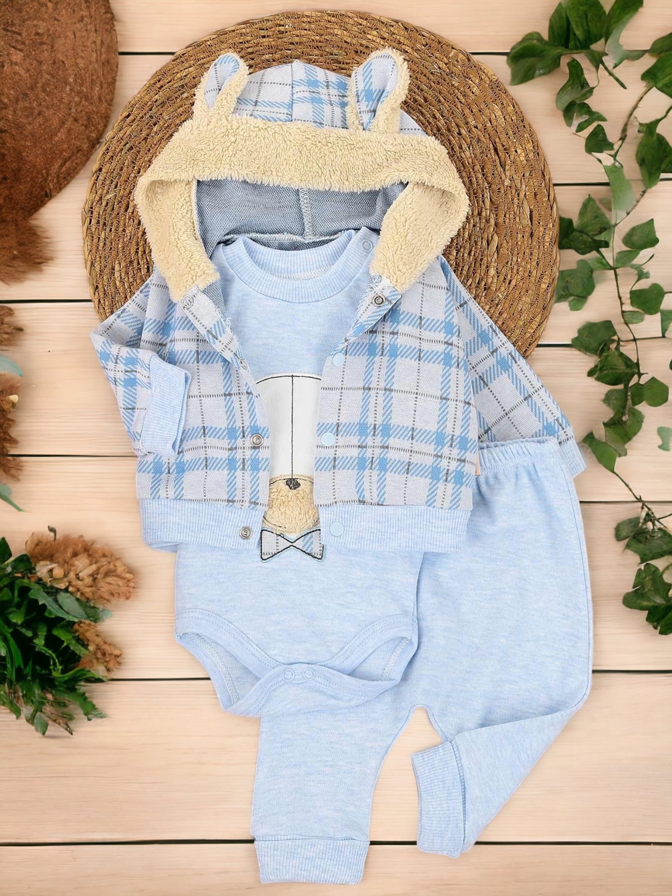 Erkek Bebek Papyonlu Ayıcık Detaylı Tavşan Kulaklı 3 Parça Özel Gün Takımı /Doğum Günü/ Bayramlık R375 - karışık