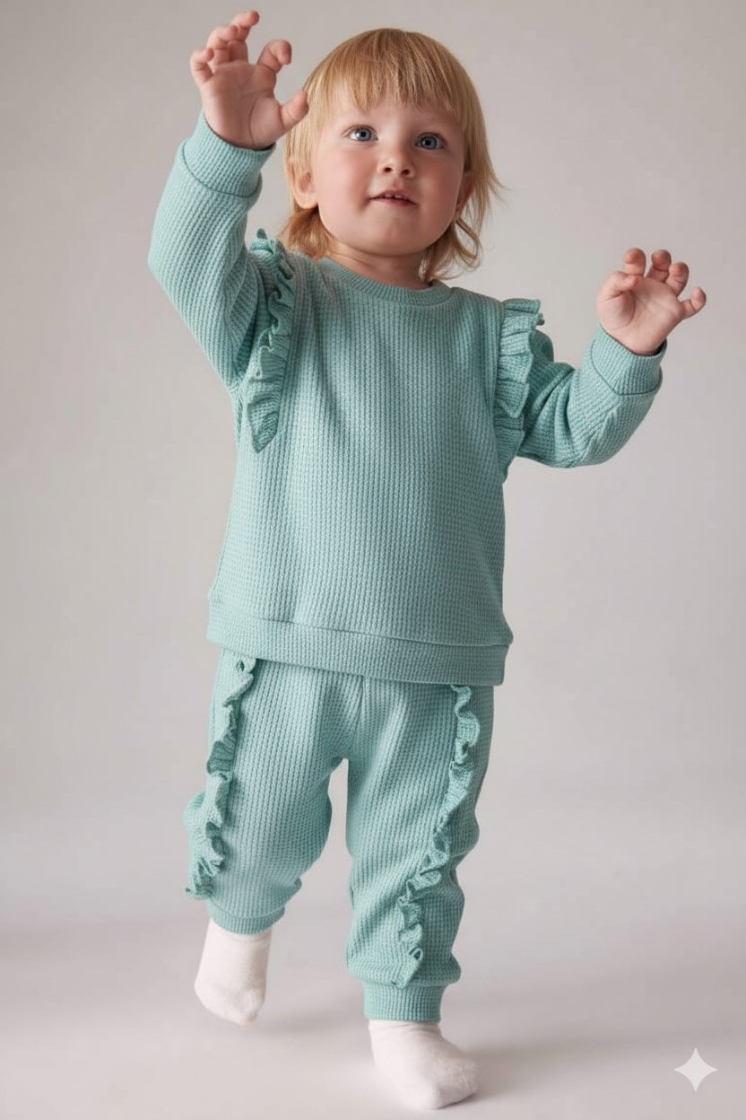 Kız Bebek Fırfılı Waffle Kumaş, Uzun Kollu, Kışlık 6-9-12-18-24 Ay Şık Kız Bebek Takımı R1108 - YEŞİL