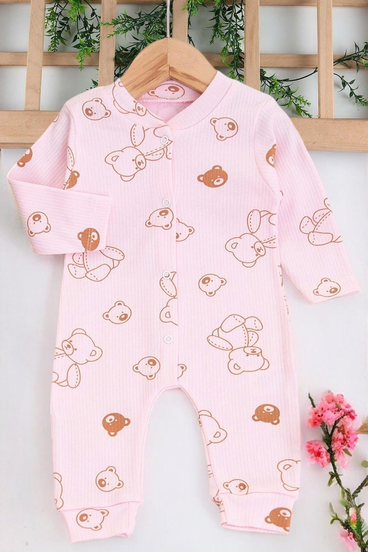 KIZ VE ERKEK BEBEK AYI BASKILI FİTİLLİ MEVSİMLİK ÇITÇITLI TULUM / İNCE KUMAŞ 0-1-3-6 AY R924 - PEMBE