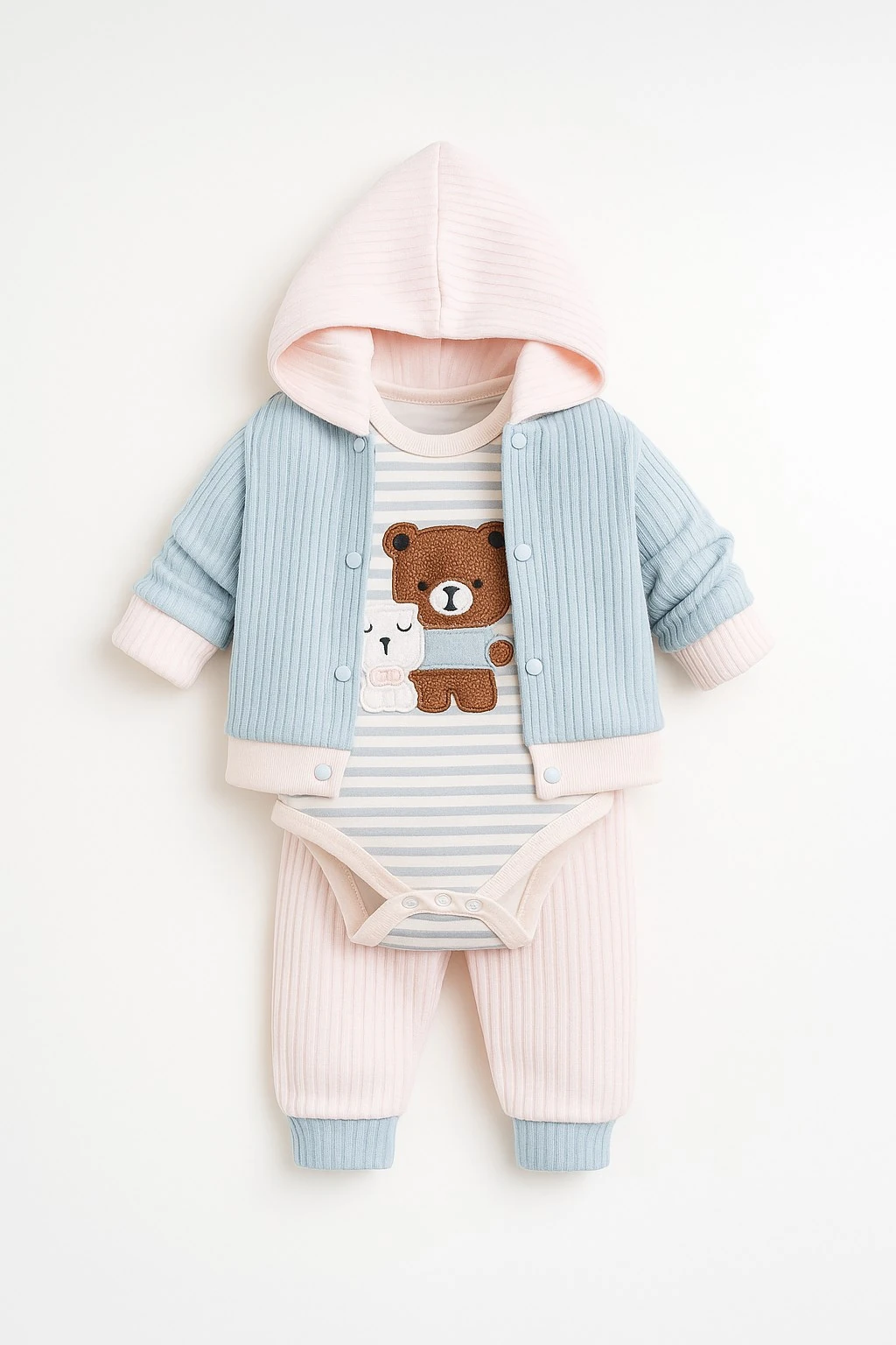 Erkek Bebek Yeni Doğan 0-3-6-9 Ay Çizgili Ayıcık Baskılı Kapüşonlu Uzun Kollu Çıtçıtlı Bodyli 3'lü ŞIK Takım R1888 - AÇIK MAVİ