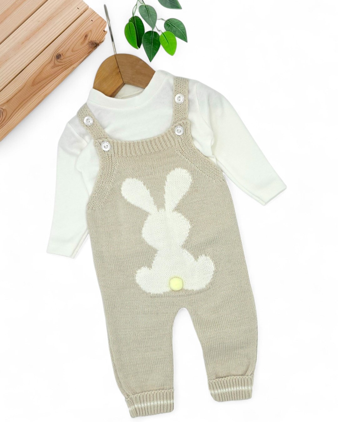  Kışlık Tavşan Detaylı Triko Salopet ve İç Badili Takım, 3-6-9-12 Ay Triko Bahçıvan Tulum R2206