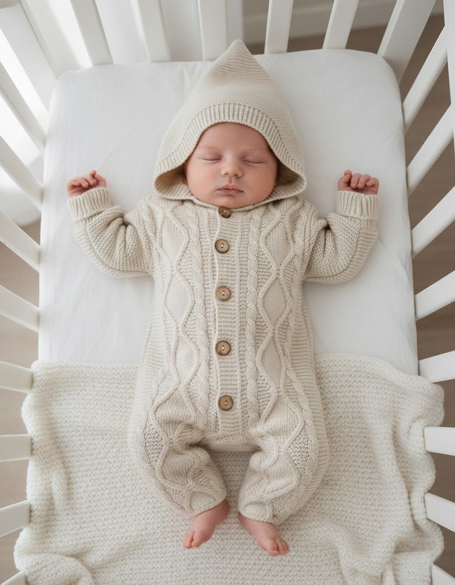 Kapüşonlu Düğmeli Kışlık Triko Tulum, 3-6-9-12 Ay Triko Tulum R2207 - BEJ