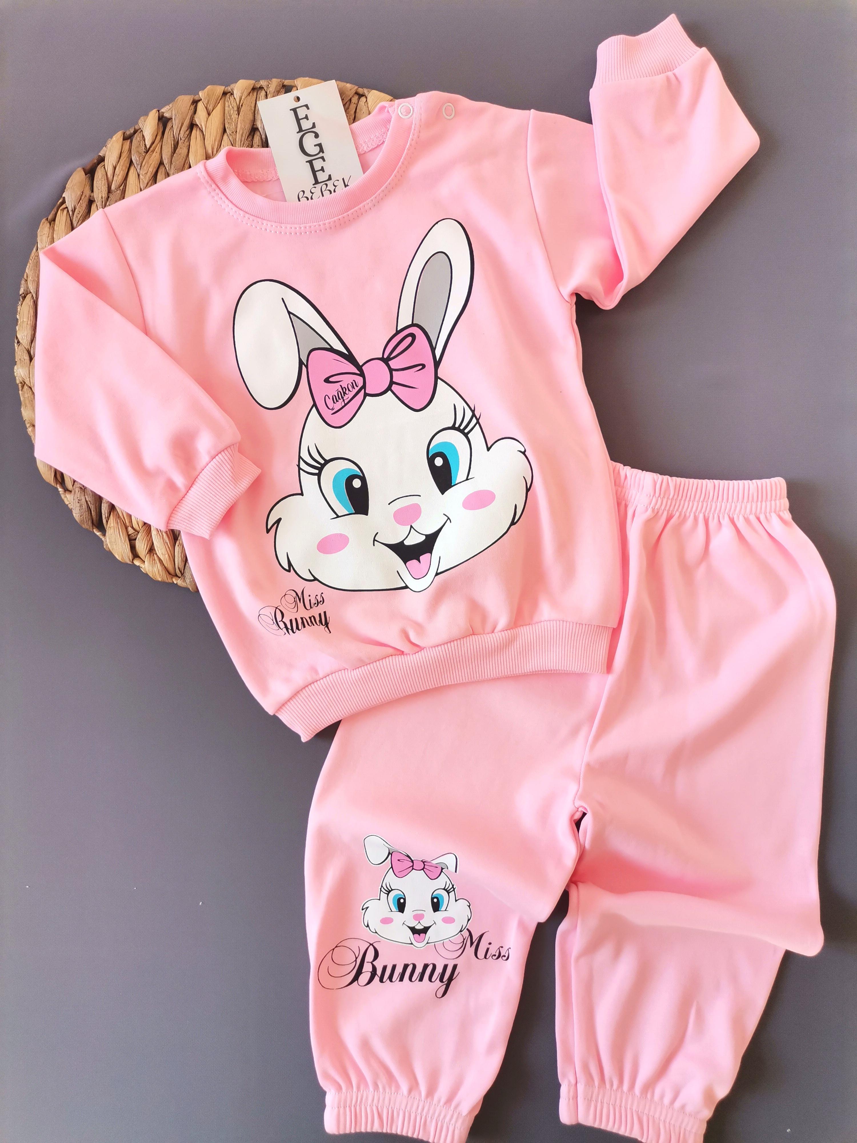 Kız Bebek Mevsimlik Uzun Kollu Sevimli Tavşan Baskılı Sweathirt Alt Üst Takım R352 - PEMBE