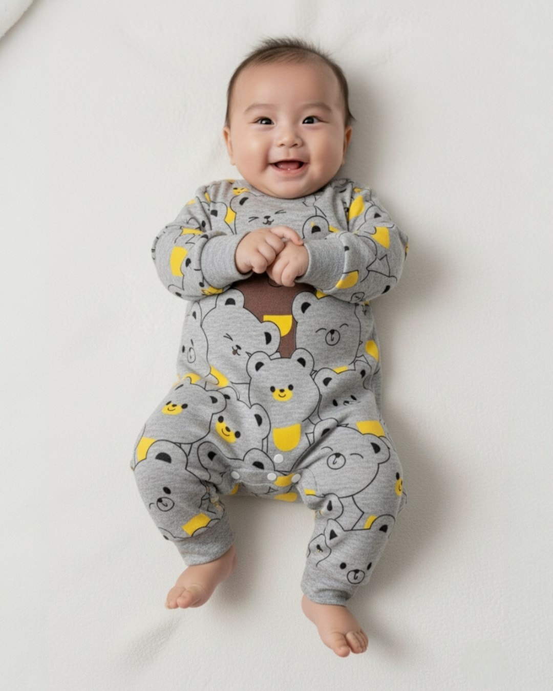 Erkek Bebek Hello Ayılar Baskılı Mevsimlik Yeni Doğan Alttan Çıtçıtlı  0-3-6-9-12 Ay Tulum R1499 - GRİ