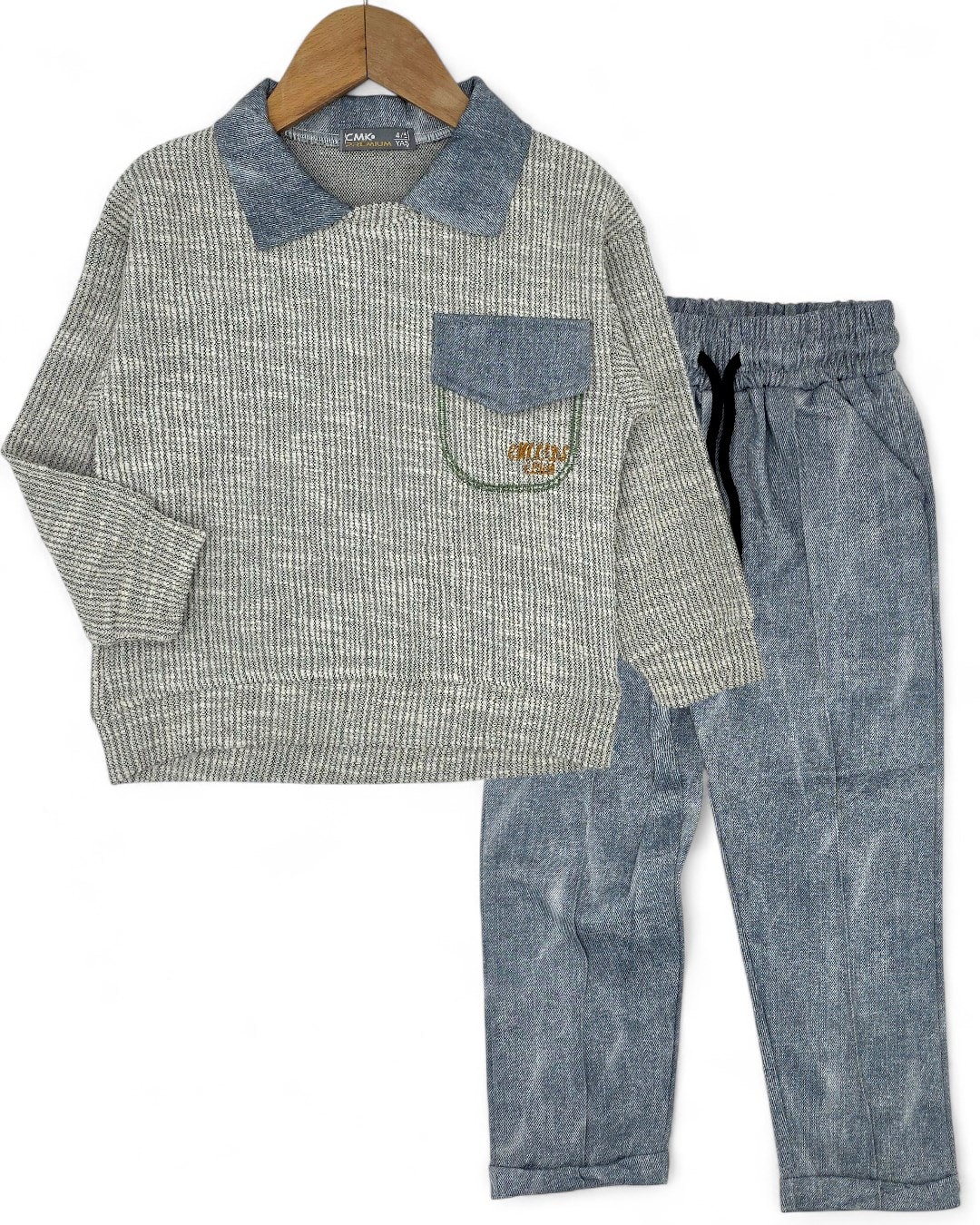 Erkek Çocuk Gömlek Yakalı, Cep Detaylı Sweatshirt ve Pantalonlu Şık 2'li Takım 4-11 Yaş R2264