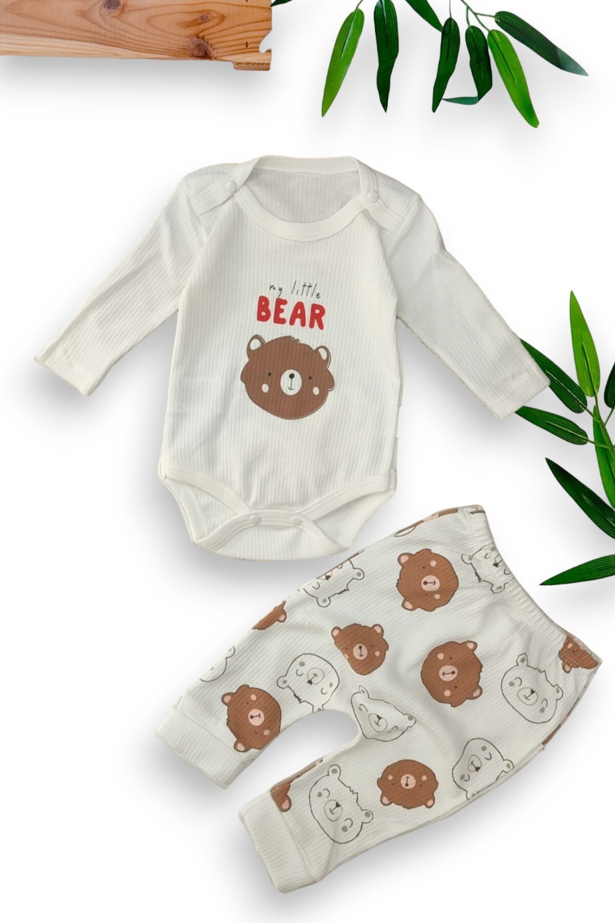 ERKEK BEBEK YENİDOĞAN AYI DESENLİ FİTİLLİ ÇITÇITLI BADİ VE ALTLI NATURAL PAMUK BEBEK TAKIMI 0-9 AY R826 - KAHVERENGİ