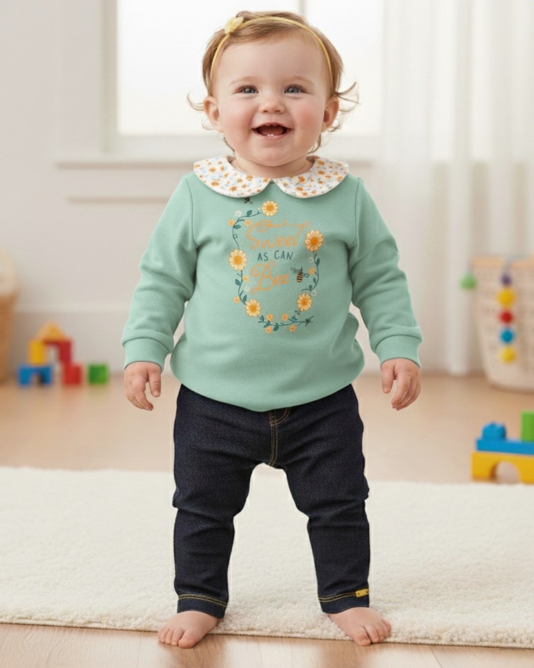 Kız Bebek 6-9-12-18-24 Aylık Bebe Yakalı, Pantalonlu Şık Bebek Takımı R2323 - MİNT YEŞİLİ