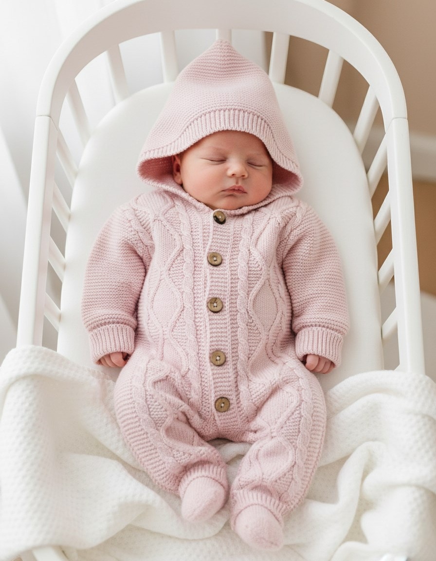 Kapüşonlu Düğmeli Kışlık Triko Tulum, 3-6-9-12 Ay Triko Tulum R2207 - PEMBE