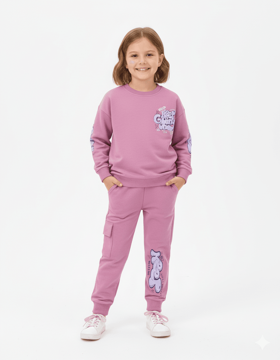 Kız Çocuk Sırtı Baskılı Sweatshirt ve Kargo Cepli Eşofman Altlı 6-7-8-9-10 Yaş Eşofman Takımı  R2143 - GÜL KURUSU