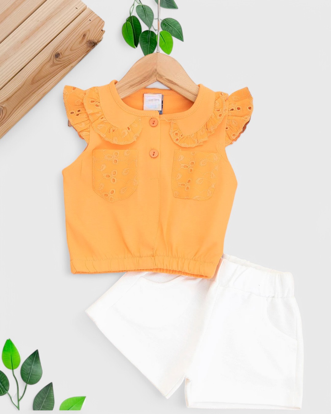 KIZ BEBEK YAZLIK YAKA DETAYLI MÜSLİN ŞORTLU 6-9-12-18-24 AY ŞIK BEBEK TAKIMI R1702 - TURUNCU