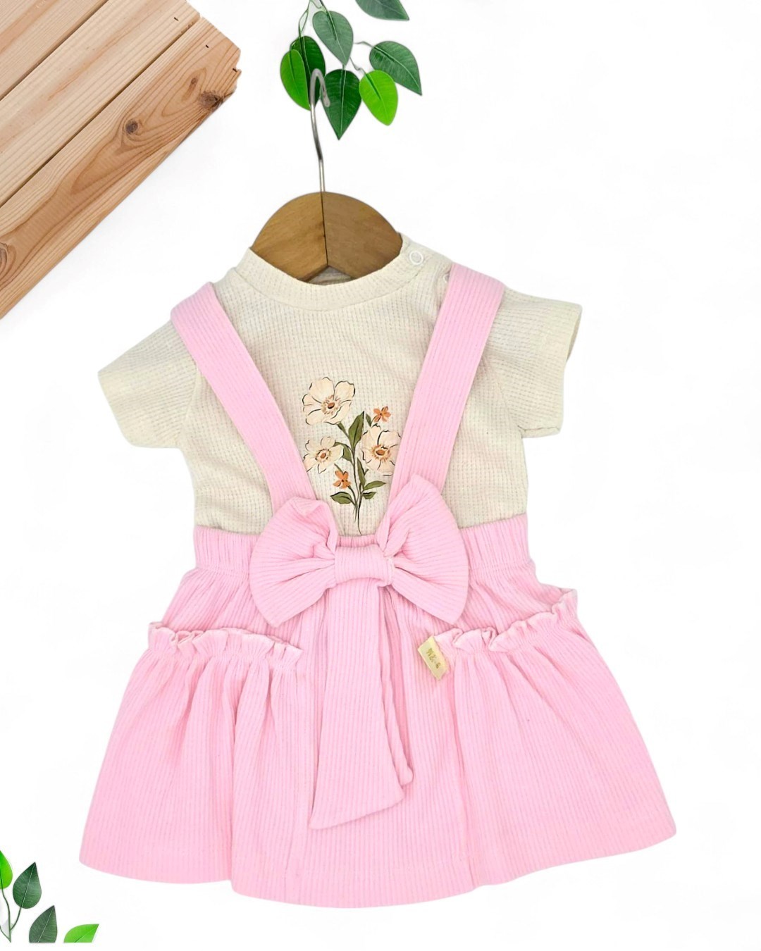 KIZ BEBEK FİTİLLİ YAZLIK FİYONK DETAYLI SALOPET ELBİSE VE İÇ T-SHIRT SETİ 9-24 AY R897 - PEMBE