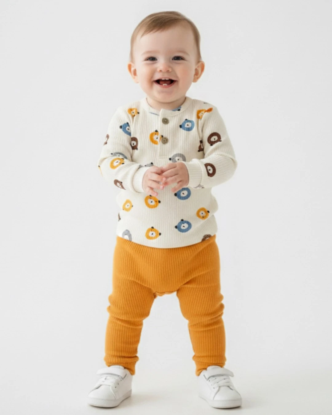 Erkek Bebek Fitilli Mevsimlik Sevimli Ayıcık Baskılı 6-9-12-18-24 Ay Ribanalı Alt Üst Şık Takım R2382 - TURUNCU
