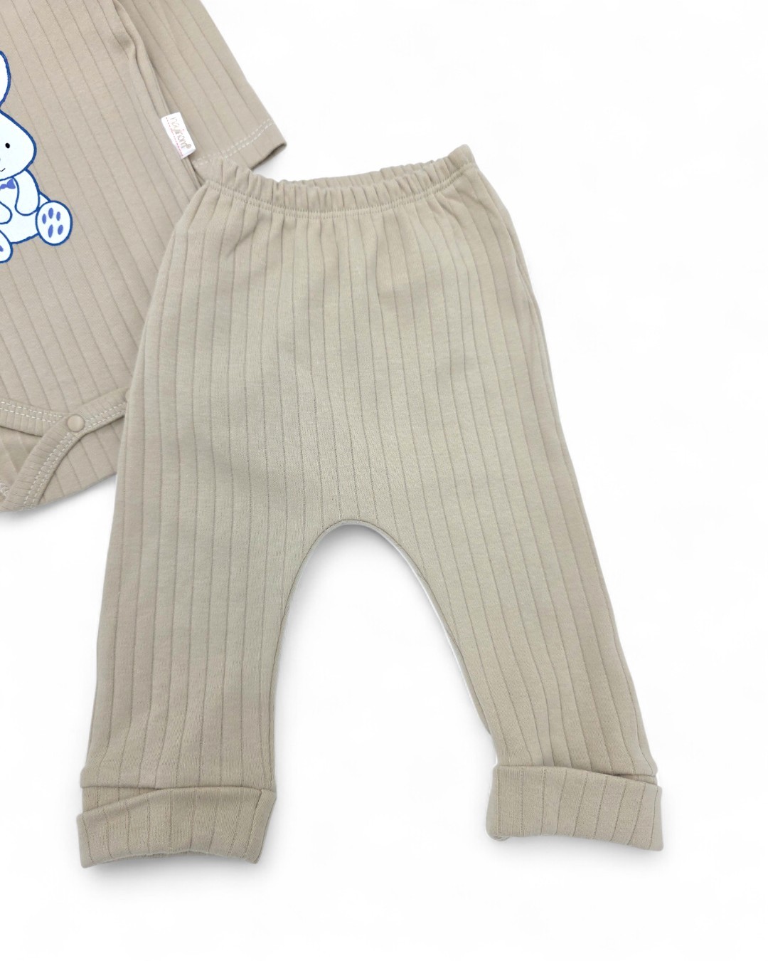 Kız Bebek Yenidoğan Tavşan Nakışlı Fitilli Çıtçıtlı Badi ve Altlı Natural Pamuk Bebek Takımı 0-9 Ay  R2154
