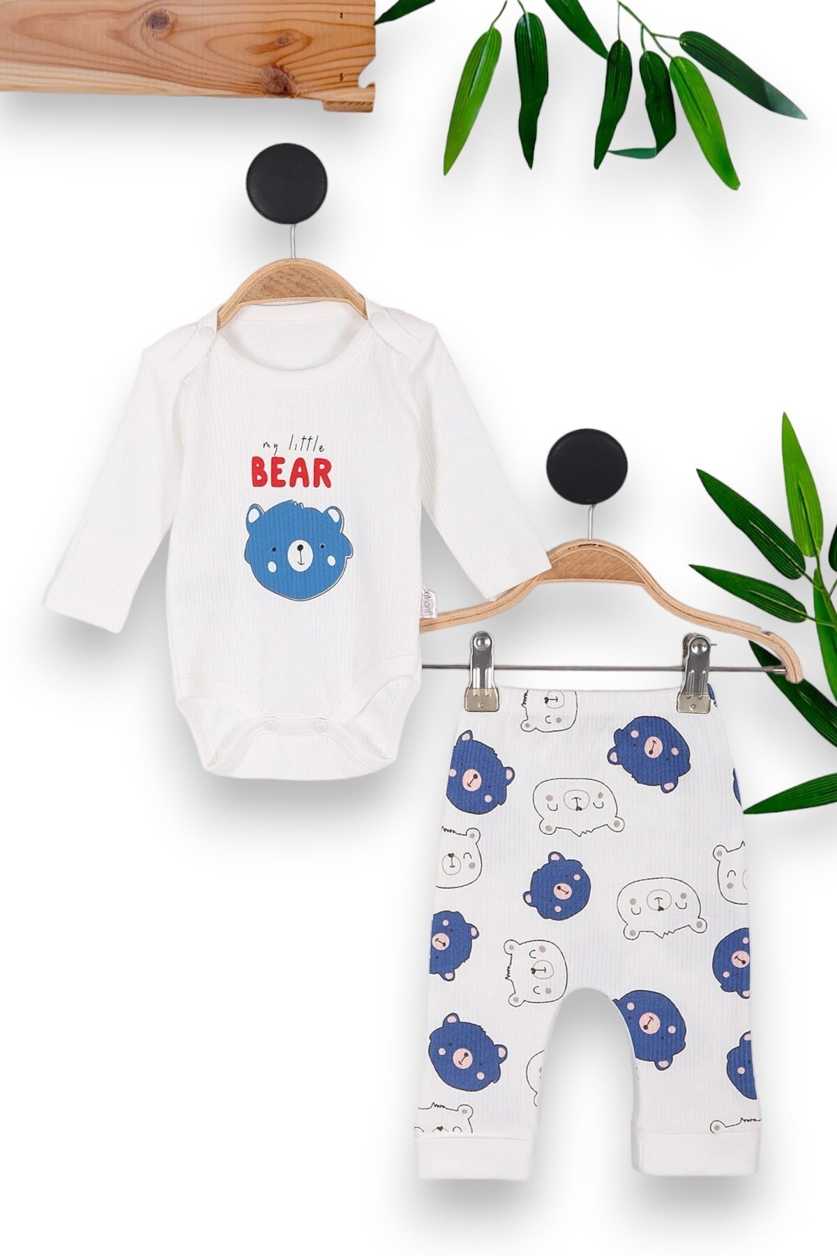 ERKEK BEBEK YENİDOĞAN AYI DESENLİ FİTİLLİ ÇITÇITLI BADİ VE ALTLI NATURAL PAMUK BEBEK TAKIMI 0-9 AY R826 - MAVİ