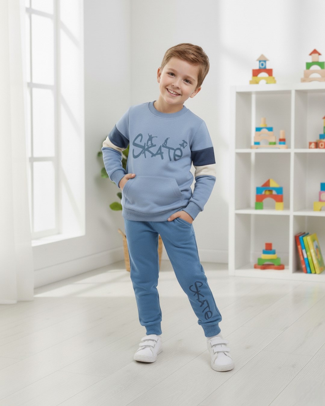 Erkek Çocuk Mevsimlik Skate Baskılı Sweatshirt, 7-10 Yaş Eşofma Takımı R2117 - MAVİ