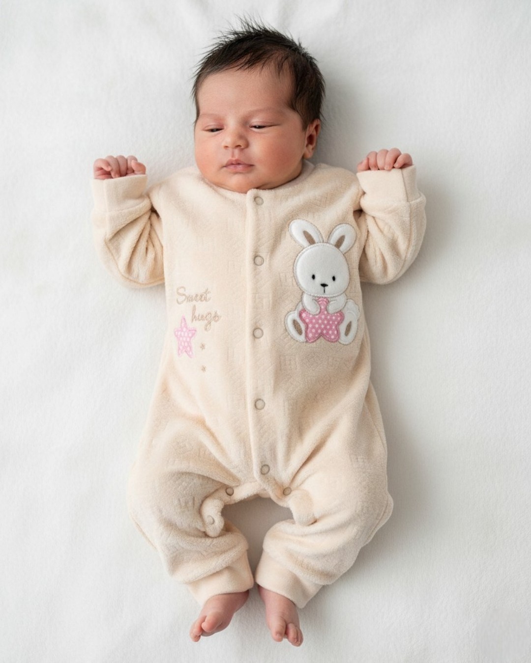 Kız Bebek Kışlık Tavşan Desenli %100 Pamuklu 0-1-3-6 Ay Kadife Çıtçıtlı Tulum R2161