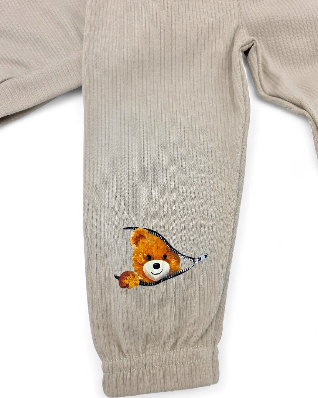 Ayıcıklı Fermuar Desenli Fitilli Pamuklu Erkek Bebek Takımı | Bebek Eşofman Pijama Alt Üst Takım R2208