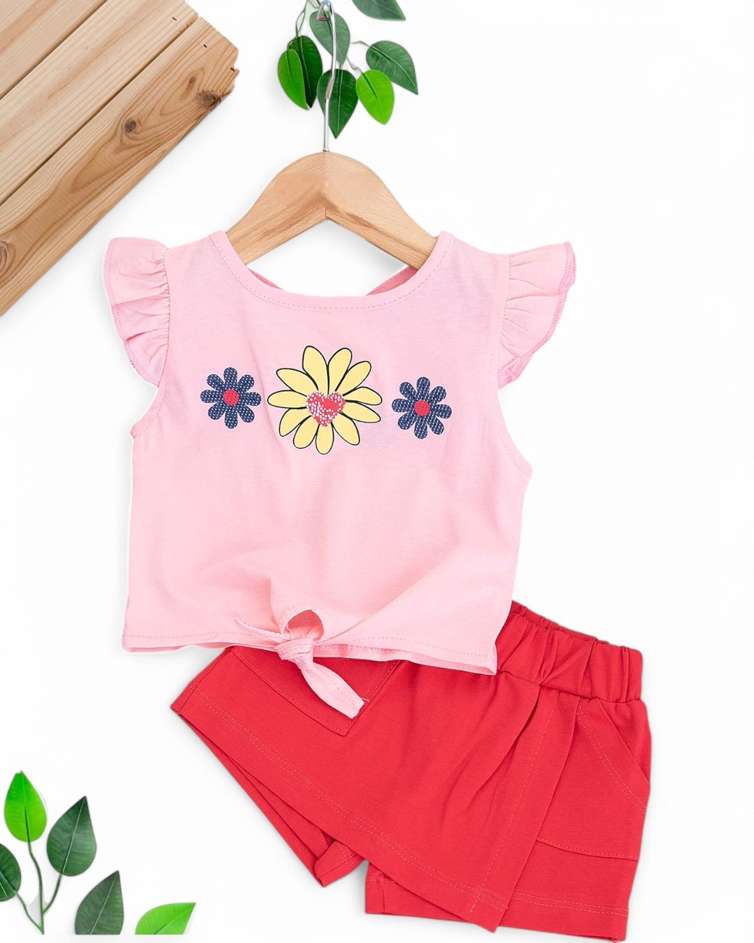 KIZ BEBEK YAZLIK ÇİÇEK BASKILI ŞORT ETEKLİ 6-9-12-18-24 AY BEBEK TAKIMI R1701 - PEMBE