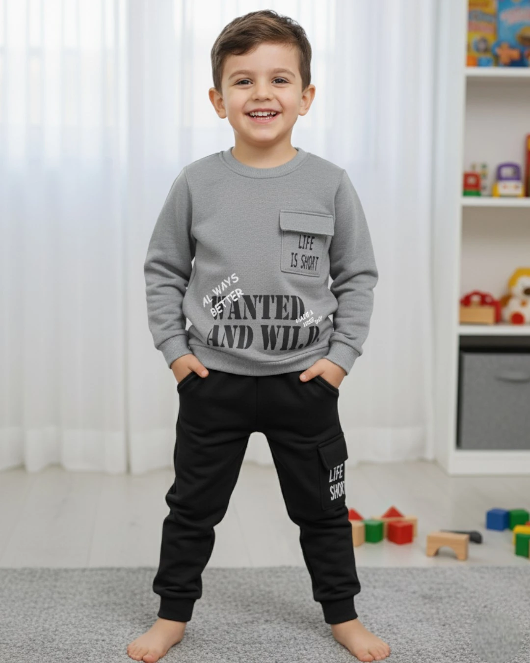 ERKEK ÇOCUK 3 İP ŞARDONLU KIŞLIK EŞOFMAN TAKIMI / 2-10 YAŞ / ERKEK ÇOCUK SWEATSHİRT, EŞOFMAN ALTI R2272 - GRİ