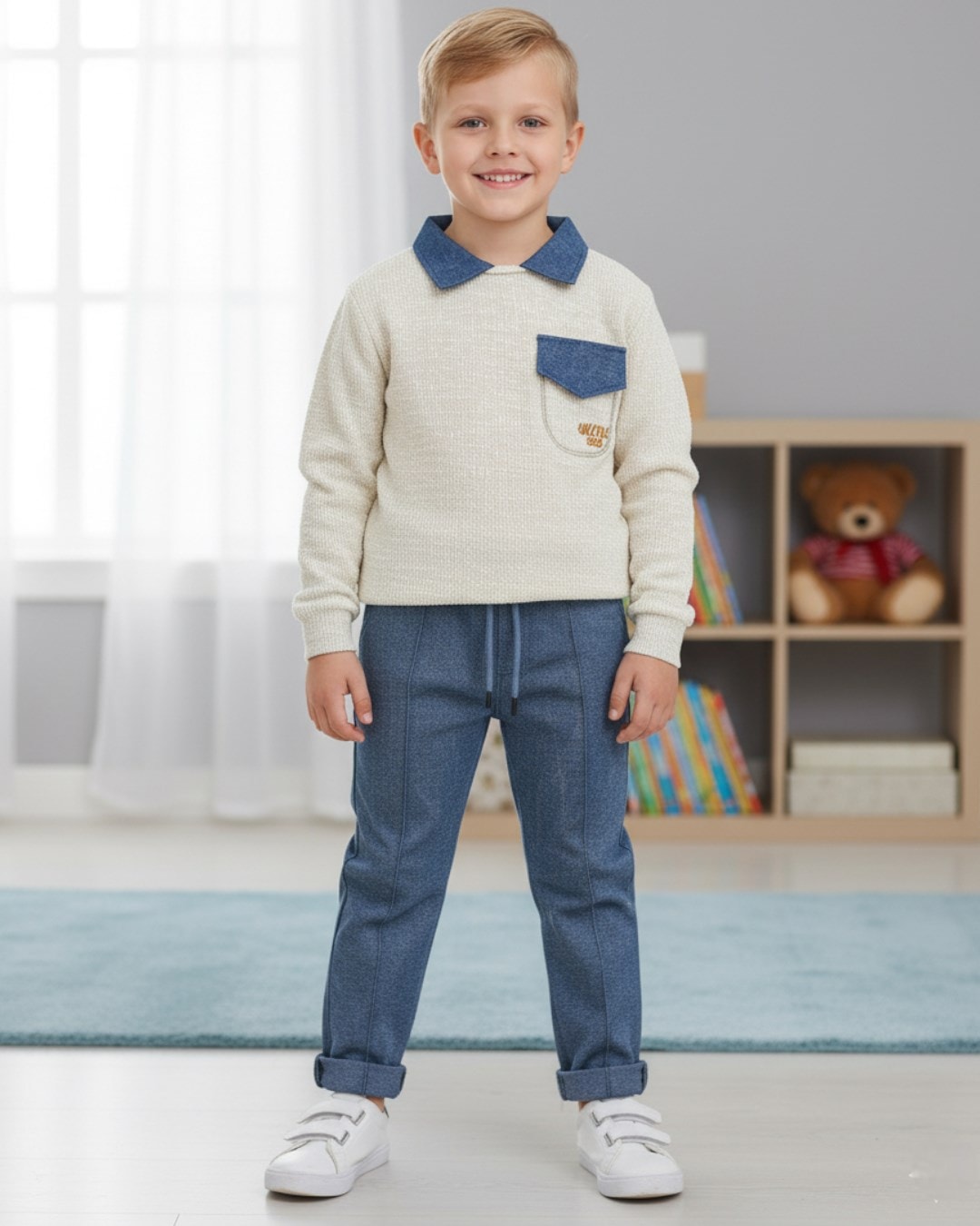 Erkek Çocuk Gömlek Yakalı, Cep Detaylı Sweatshirt ve Pantalonlu Şık 2'li Takım 4-11 Yaş R2264 - LACİVERT