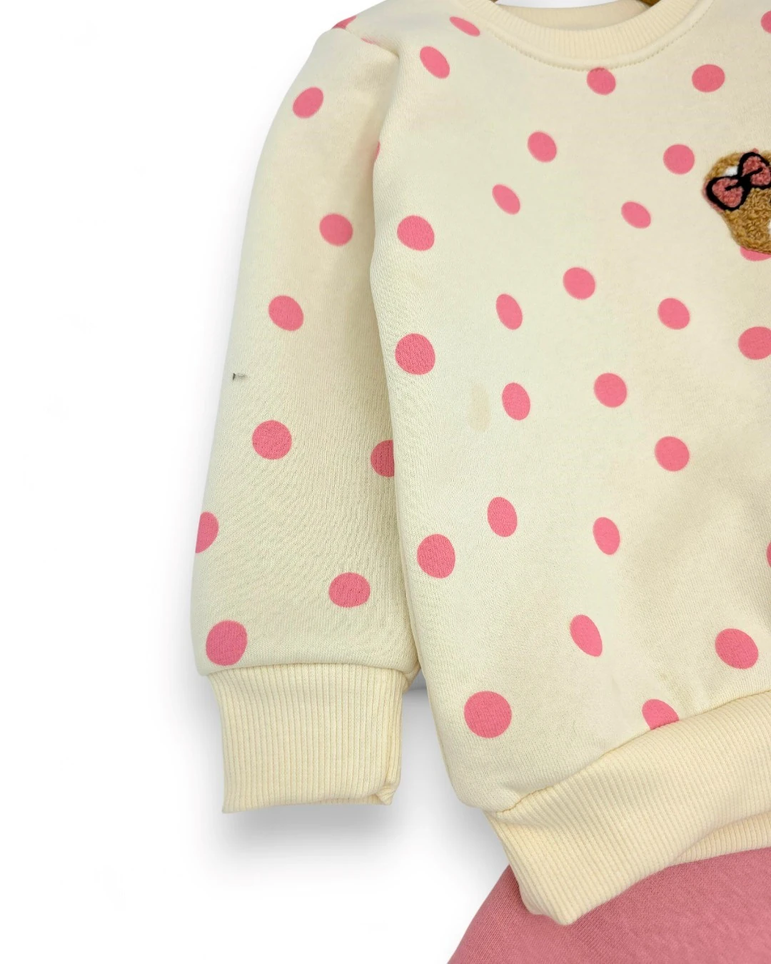 Kız Bebek Dar Kalıp Puantiyeli Kışlık 3 İp Şardonlu Ayıcık Nakışlı Şirin Alt Üst Takım R2337