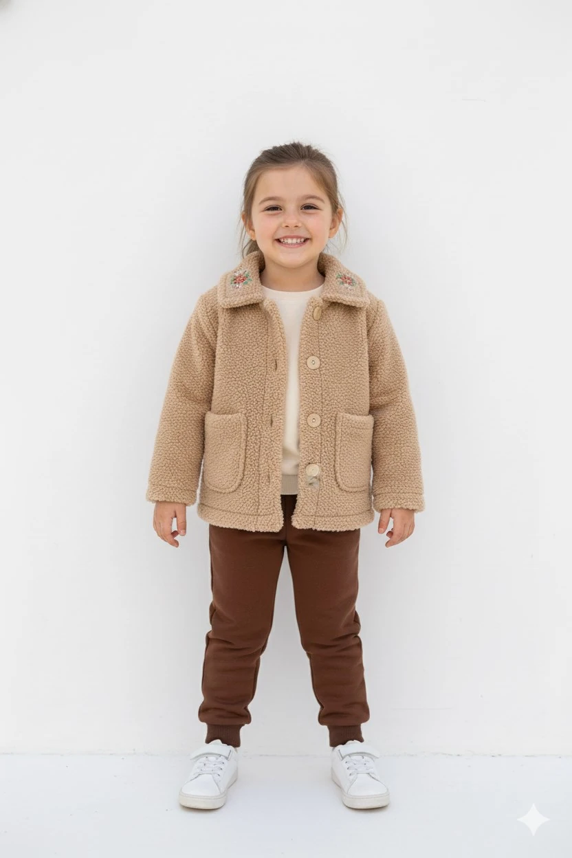 Kız Çocuk Çiçek Nakışlı Yakalı 2-3-4-5-6-7 Yaş Düğmeli Kaban OT98