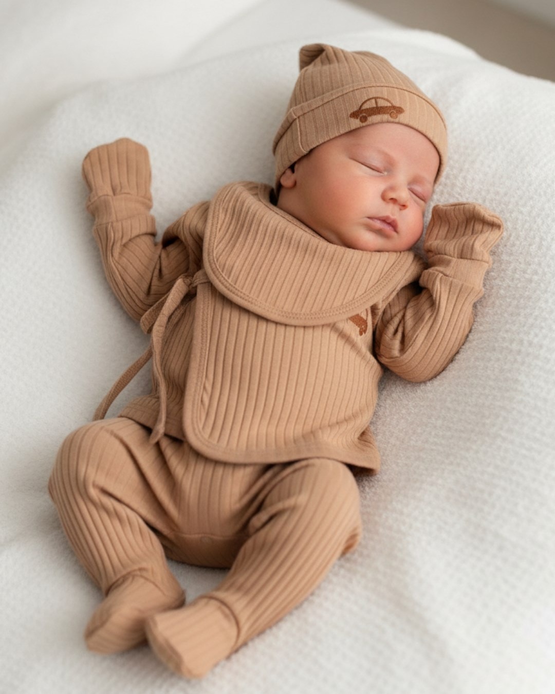 Erkek Bebek Araba Baskılı 5 Parça Hastane Çıkışı Zıbın Seti R1809 - KAHVE